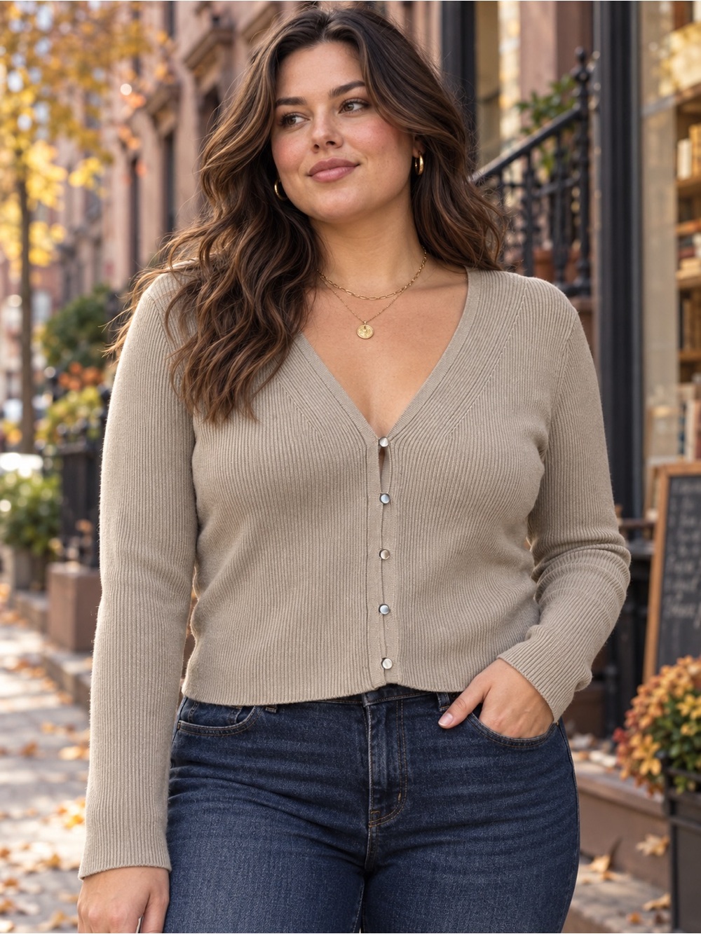 Magaschoni Taupe Ribbed Button Cardigan XL